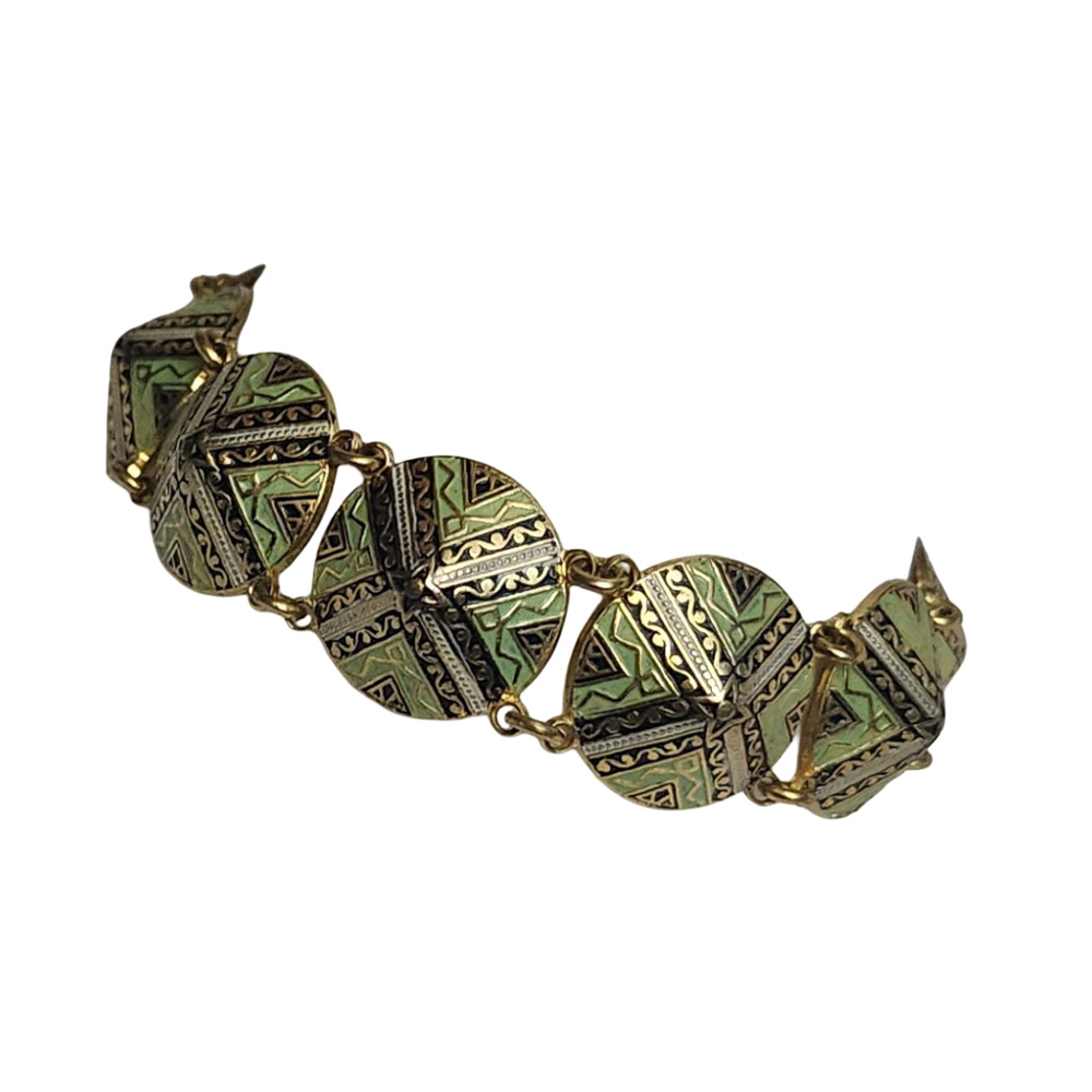 Vtg Damascene Spain Brass Enamel Green Black Coned Pointed Link  Bracelet